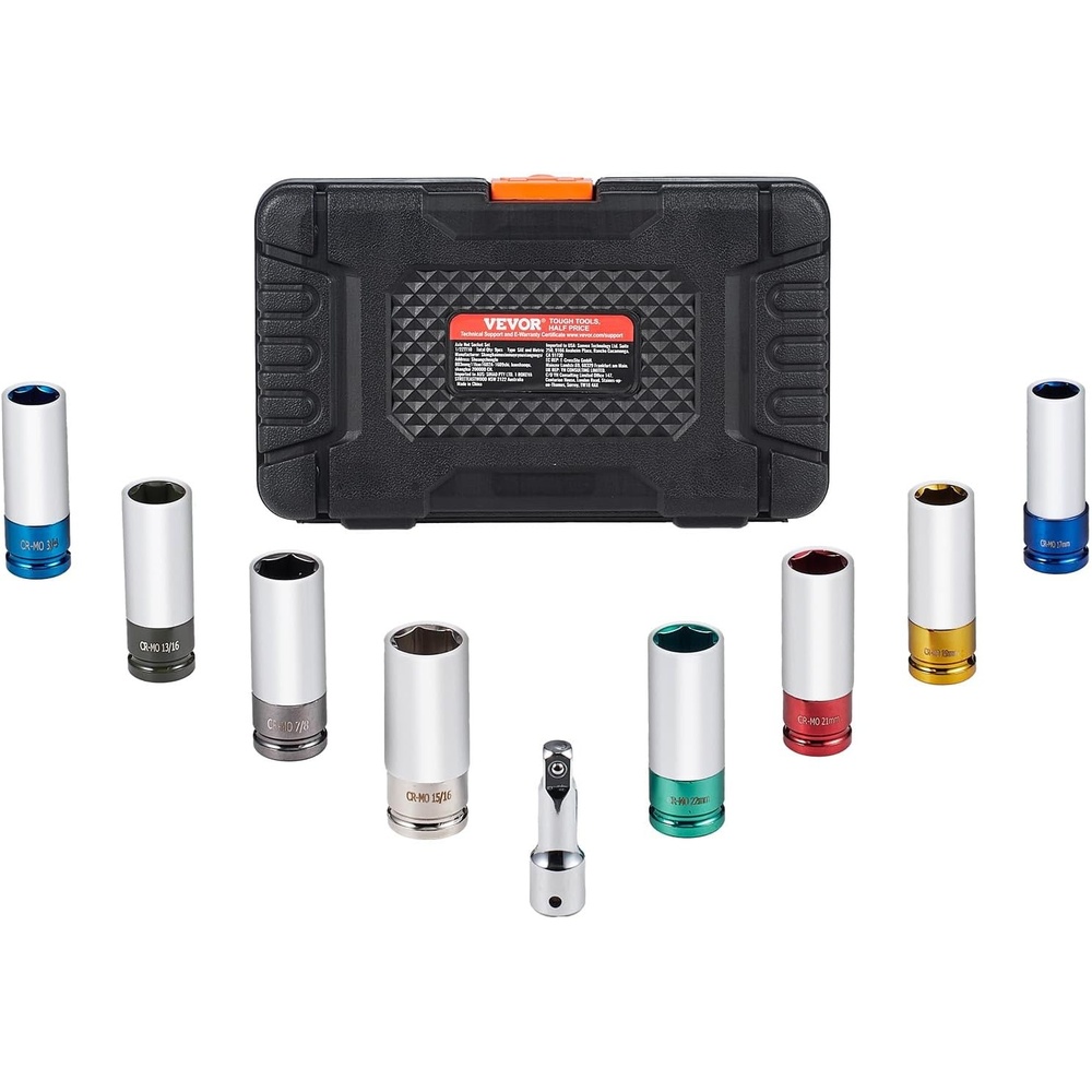image:imageVEVOR 9Piece Lug Nut Impact Socket Set 12 Inch Drive Metric and SAE 6Point CRMO Deep Wheel Protector Impact Socket Set With Storage Case and Extension Bar for Auto Repair