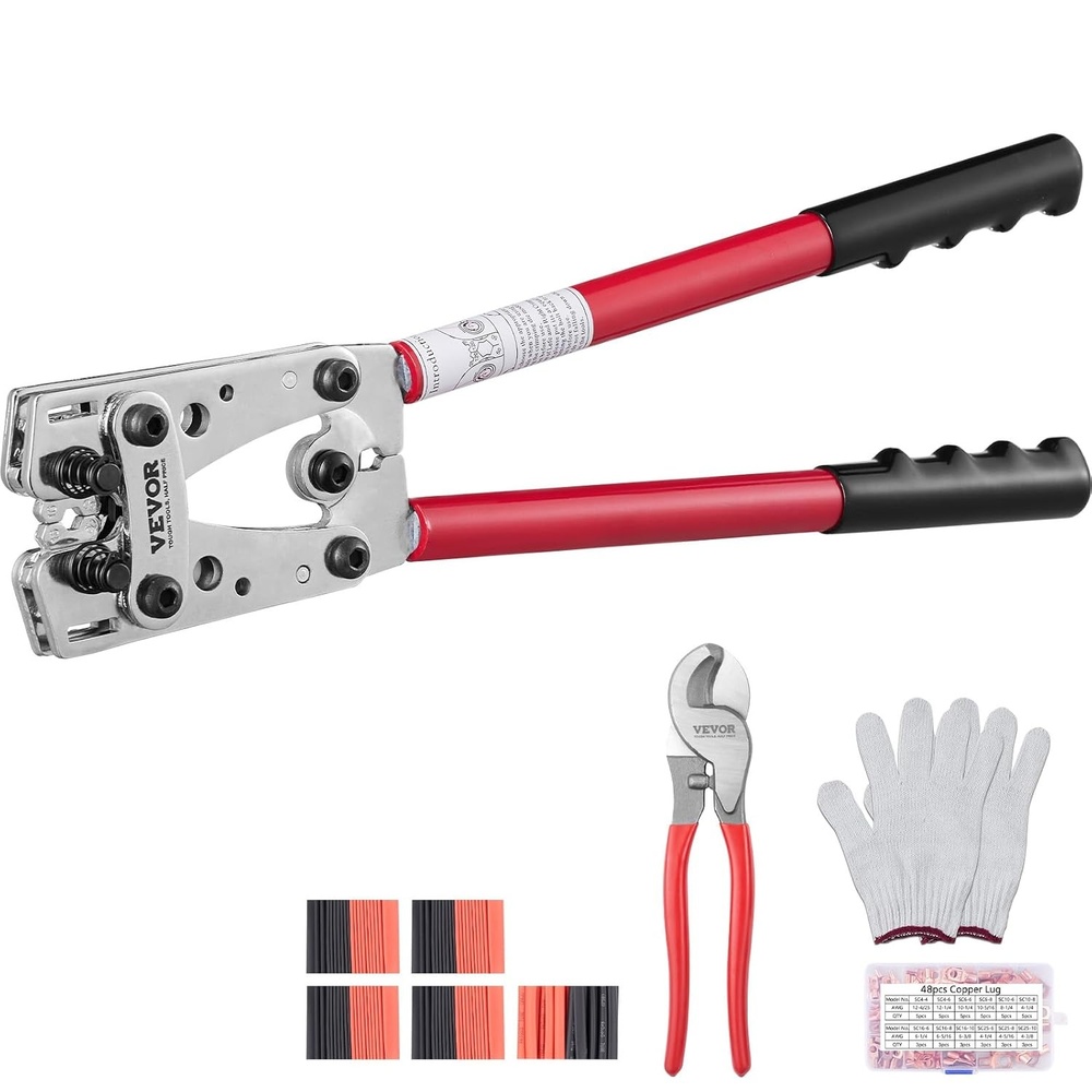 image:imageVEVOR Battery Cable Lug Crimping Tool 1010AWG with Cable Cutter and 48PCS Copper Ring Terminals 6 Wire Sizes Crimping Die and 100pcs Heat Shrink Tubes for Heavy Duty Wire Lugs