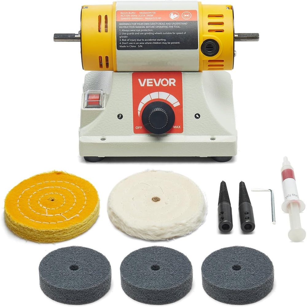 image:imageVEVOR Bench Buffer Polisher 12HP Polishing Buffing Machine 0 to 8000RPM Benchtop Polisher Grinder with 4 Cloth Wheel 3 Grinding Wheel amp 3 Fiber Wheel for Metal Jewelry Wood and Plastic12HP4inch