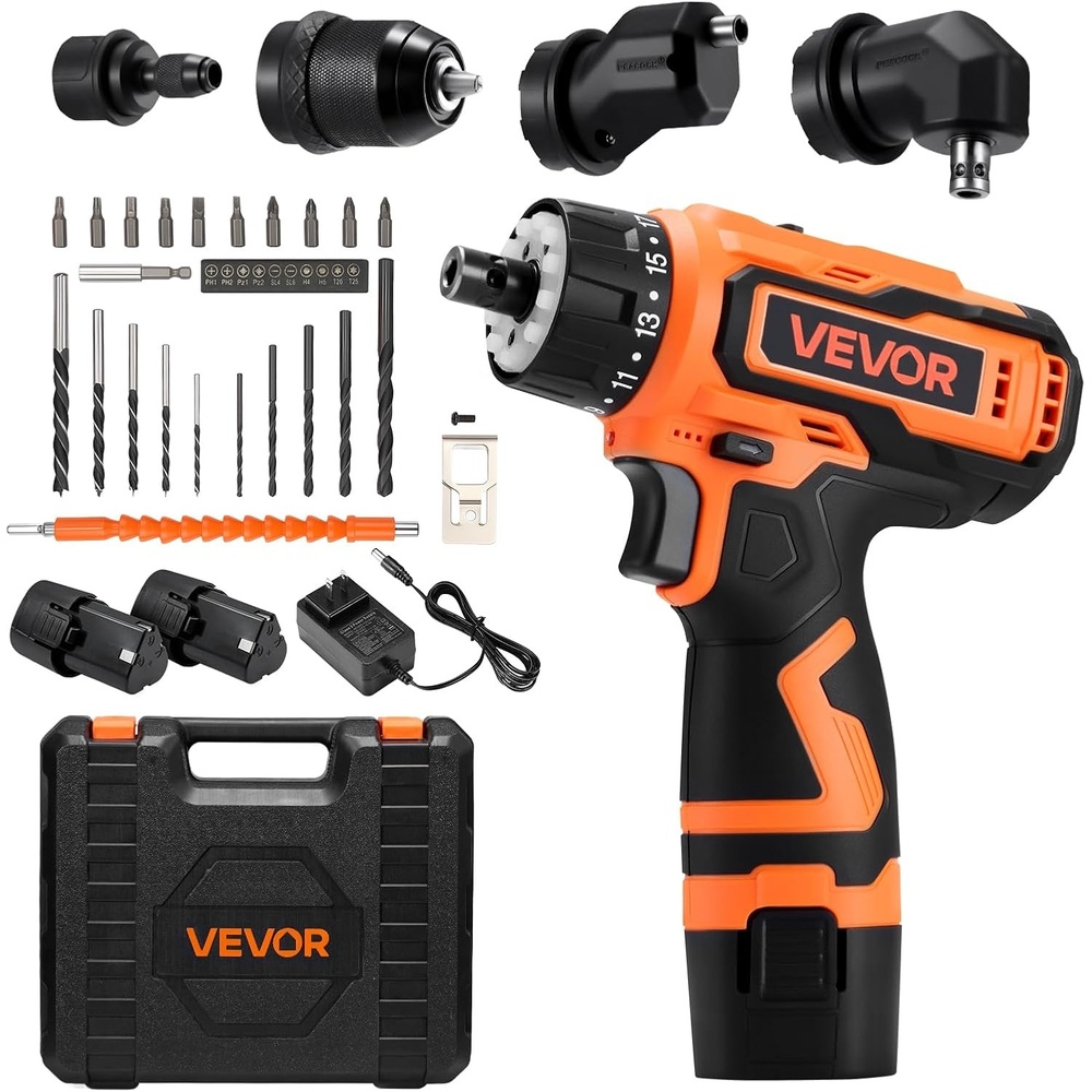 image:imageVEVOR Cordless Drill Driver 5In1 Metal Chuck DualSpeed Variable Drill Driver Kit with 2 Lithium Batteries and Charger Tool Box for Wood and Metal Drilling Screw Tightening or LooseningOrange