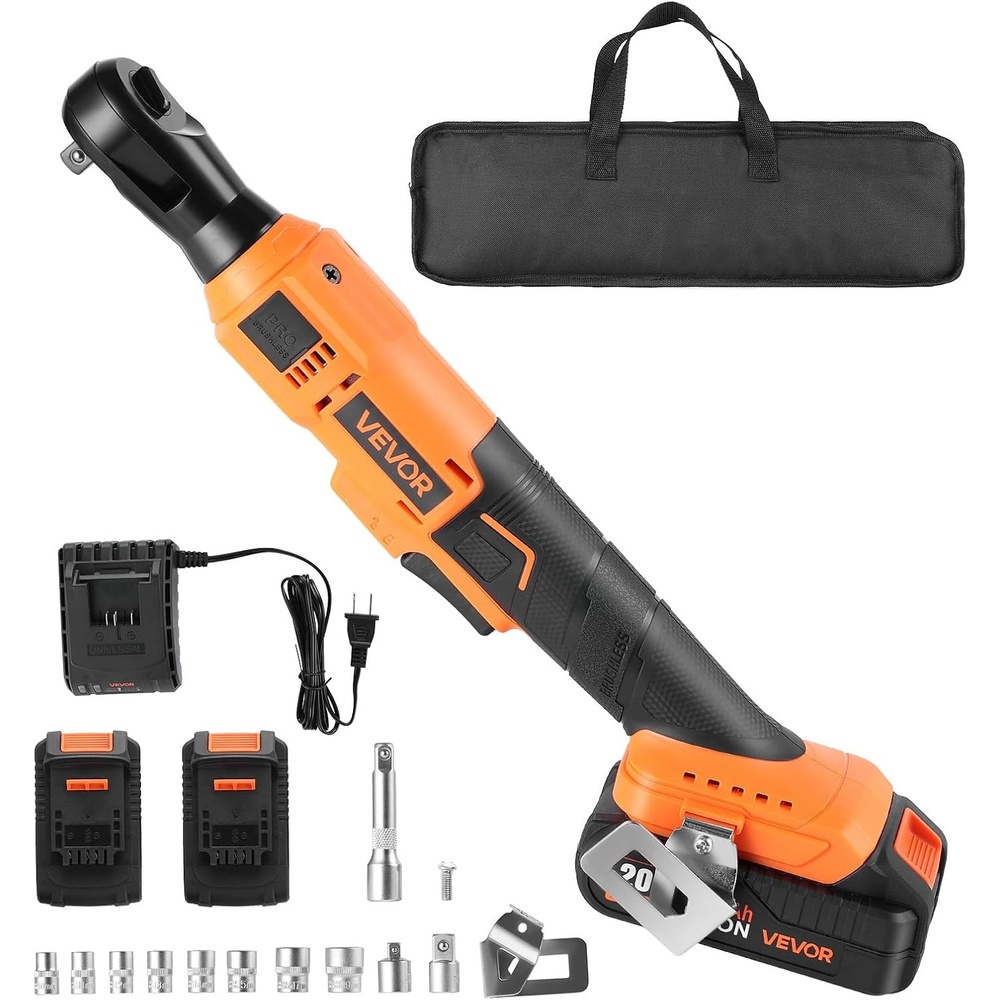 image:imageVEVOR Cordless Ratchet Wrench 38 inch Drive 240 RPM up to 33 ftlbs of Torque Extended Battery Powered Electric Ratchet Wrench Set with Two Batteries Charger Sockets Adaptor and Extension Bar88 ftlbs Standard Head Extension Bar