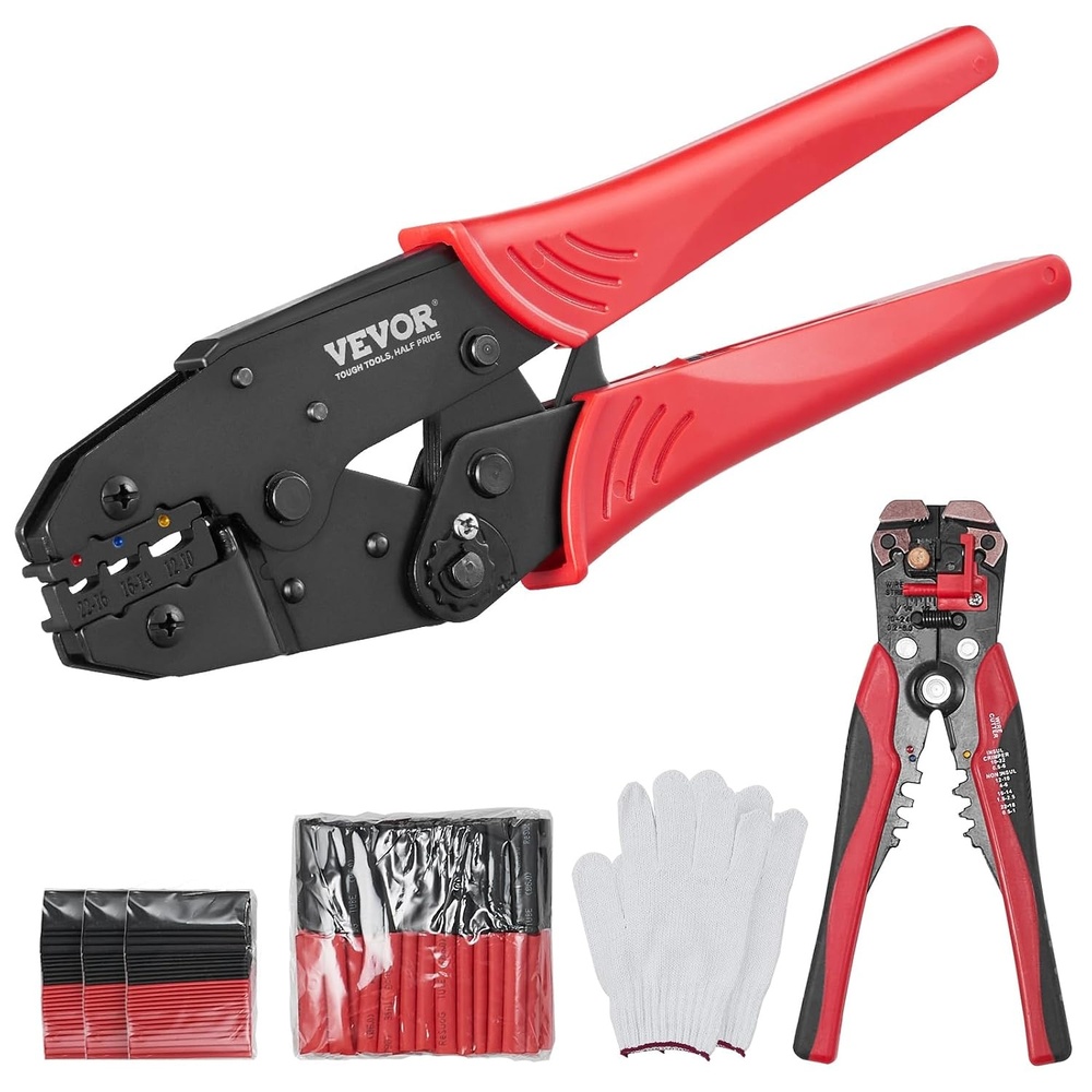image:imageVEVOR Crimping Tool For Insulated Electrical Connectors AWG2210 Heat ShrinkNylon Terminal Crimper Wire Crimp Pliers with a Pair Of Gloves a Wire Stripping Pliers and 210pcs Heat Shrink Tubes Brand VEVOR