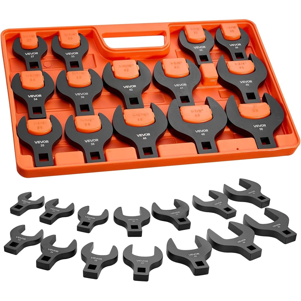 image:imageVEVOR Crowfoot Wrench Set 12 Drive 14Piece Metric 27 to 50 mm Crows Foot Wrenches with Storage Tray Dual Size Markings on Tools and Tray for Auto Maintenance or Repairs