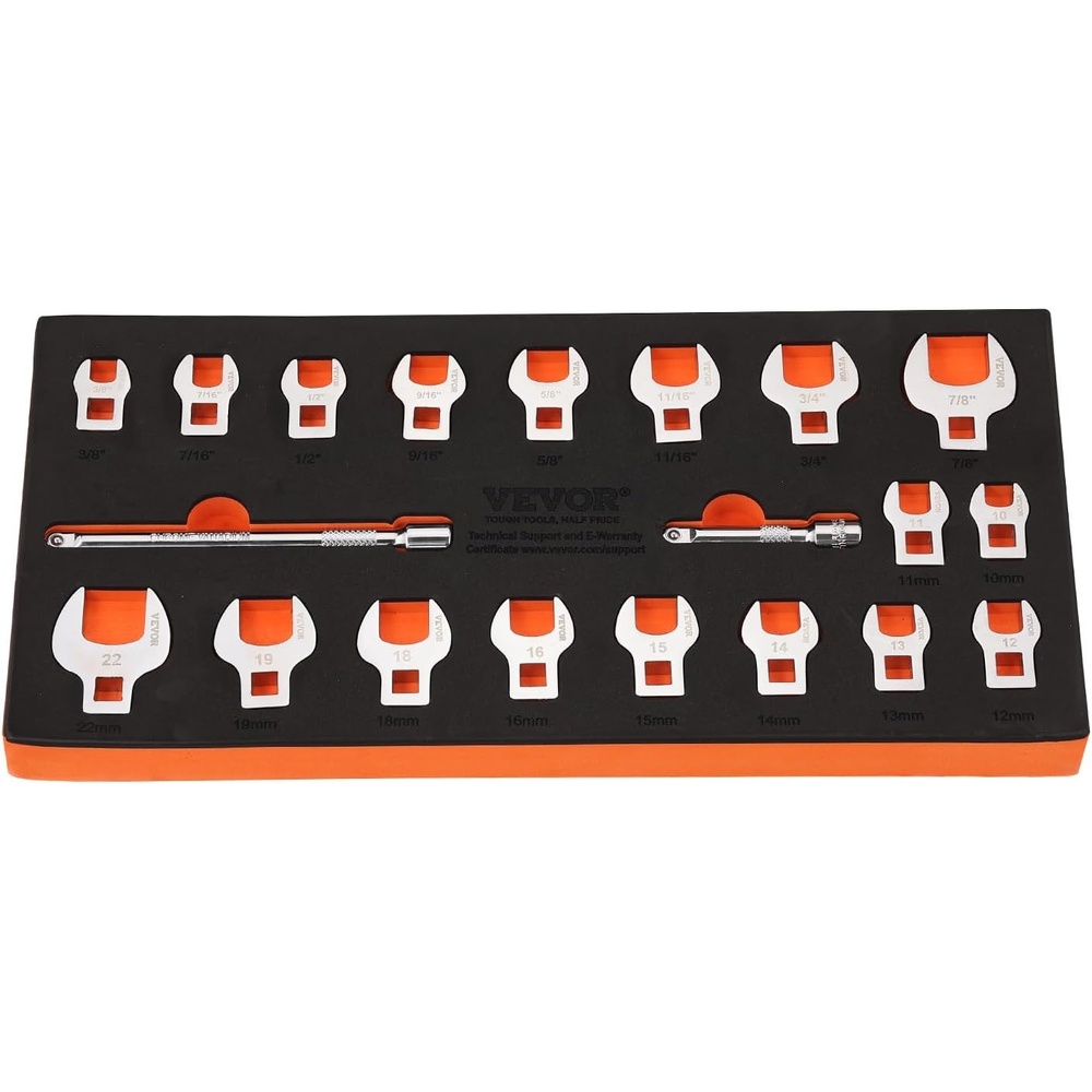 image:imageVEVOR Crowfoot Wrench Set 38 Drive 20Piece Crows Foot Wrench Set with 2 Extension Bars and EVA Tool Organizer40CR Material with Mirror Chrome Finish SAE 3878 and Metric 1022 mm38 20pcs