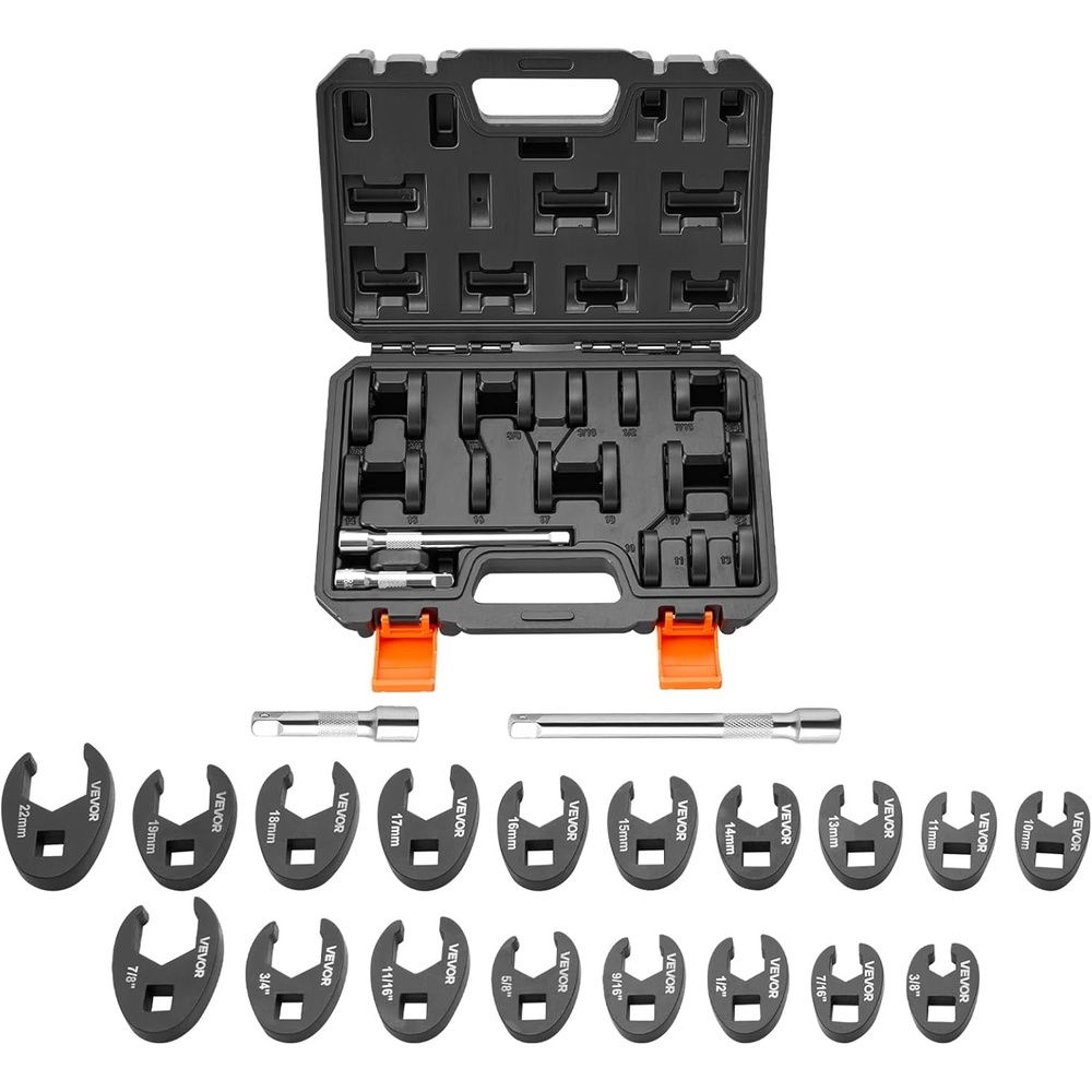 image:imageVEVOR Crowfoot Wrench Set 38 Drive 20Piece Metric and SAE Size Flare Nut Crows Foot Wrenches with Storage Case Dual Size Markings on Tools and Case for Auto Maintenance