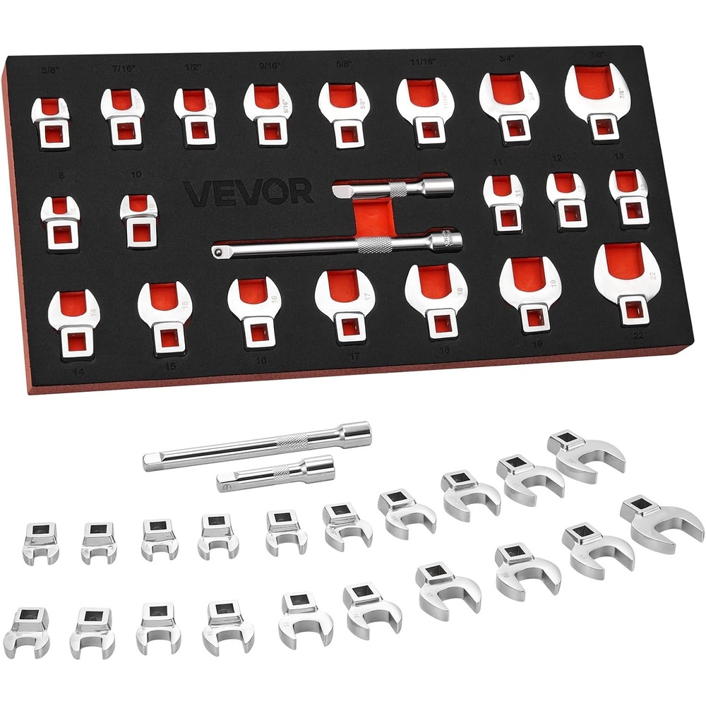 image:imageVEVOR Crowfoot Wrench Set 38 Drive 22Piece Metric and SAE Size Crows Foot Wrenches CRMO Alloy Steel with Storage Tray Dual Size Markings on Tools and Tray for Auto Maintenance or Repairs