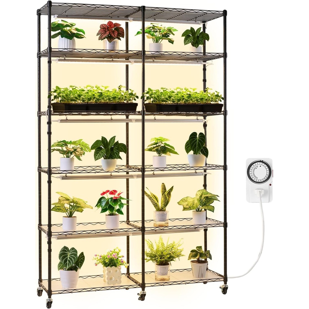 image:imageVEVOR DIY Plant Stand with Grow Light 6Tier Large Tall Plant Shelf with 192W 5000K Full Spectrum Grow Lights Indoor Grow Light Shelf with Wheels for Seed Starting 295 L x 138 W x 709 HWith Mechanical Timer