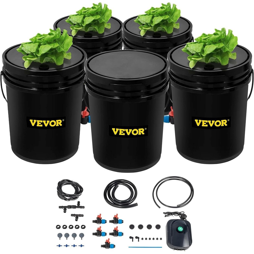 image:imageVEVOR DWC Hydroponic System 5 Gallon 4 Buckets Deep Water Culture Growing Bucket Hydroponics Grow Kit with Pump Air Stone and Water Level Device for IndoorOutdoor Leafy Vegetables5 Buckets