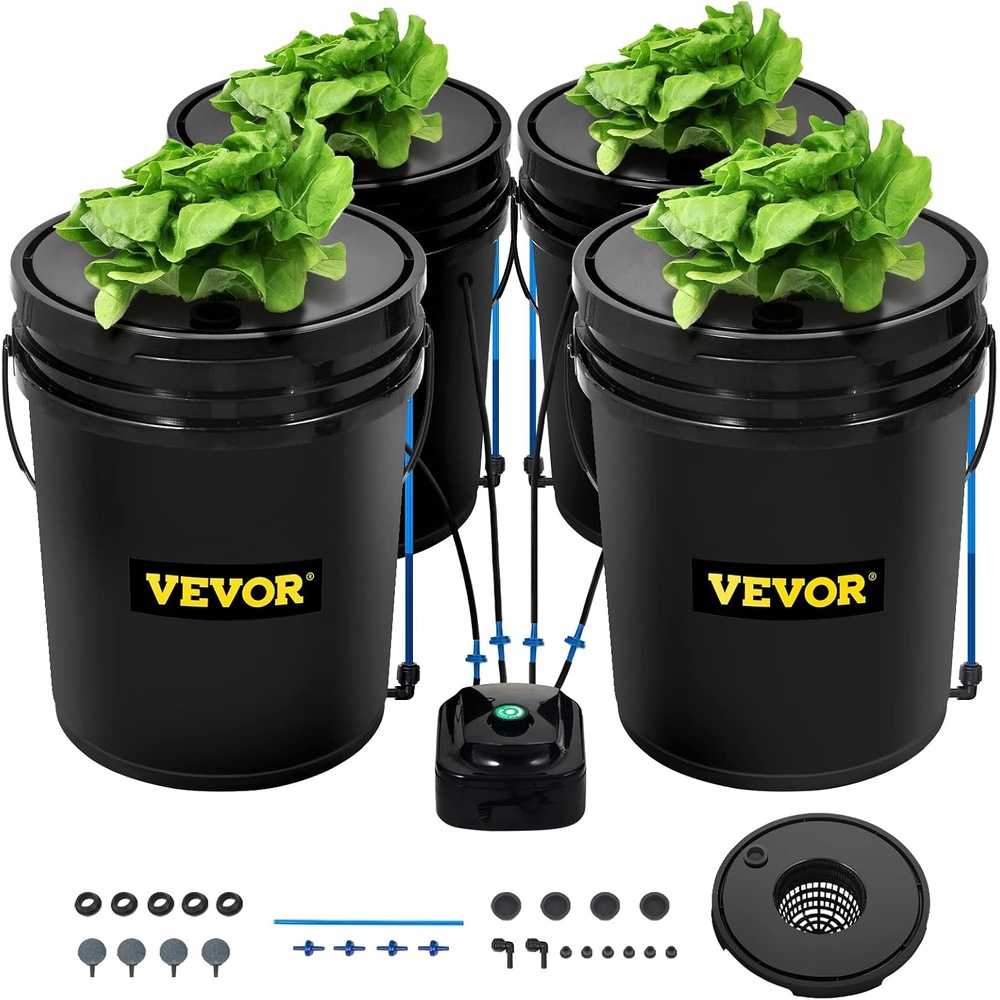 image:imageVEVOR DWC Hydroponic System 5 Gallon 4 Buckets Deep Water Culture Growing Bucket Hydroponics Grow Kit with Pump Air Stone and Water Level Device for IndoorOutdoor Leafy Vegetables4 Buckets