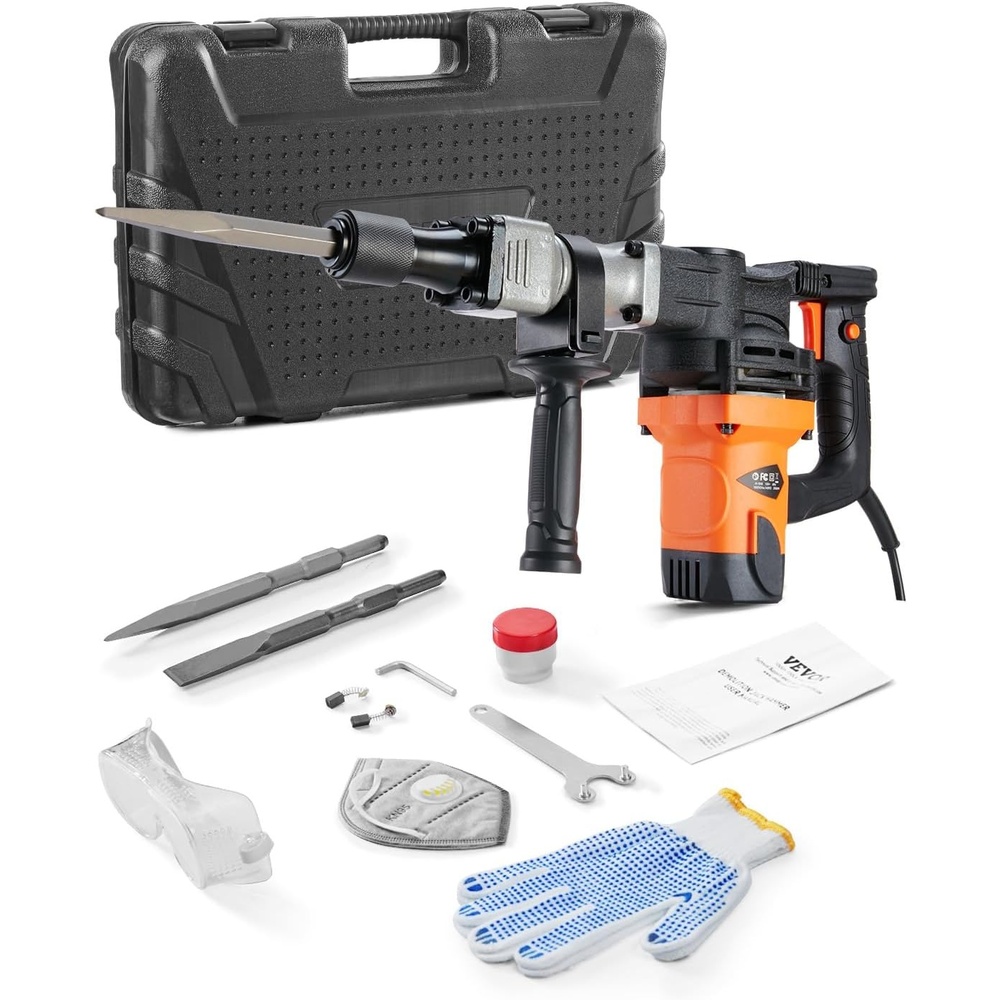 image:imageVEVOR Demolition Jack Hammer 1400W Electric Jackhammer Heavy Duty 2900 BPM Jack Hammer Concrete Breaker with 1 Point Chisel 1 Flat Chisel Storage Case Gloves and Goggles for DemolitionOrange