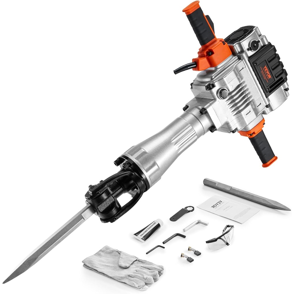 image:imageVEVOR Demolition Jack Hammer 2100 W Powerful Electric Jackhammer 1650 BPM Concrete Breaker with 2 Point Chisels 2 Flat Chisels Hand Trolley Gloves for Concrete Wall Brick Tile and FoundationNo Trolley Version