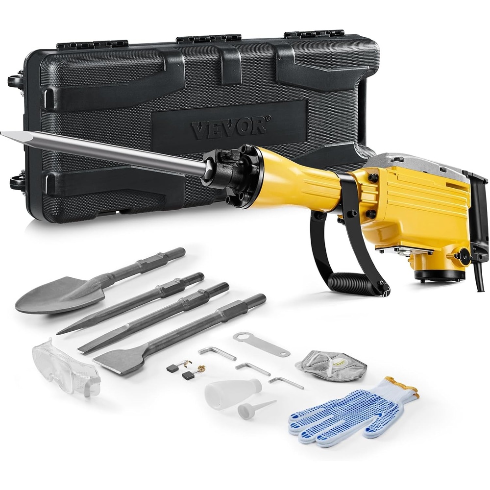 image:imageVEVOR Demolition Jack Hammer MAX 2200W Electric Jackhammer Heavy Duty 1400 BPM Concrete Breaker 4pcs Chisels Bit Chipping WCase GlovesYellow