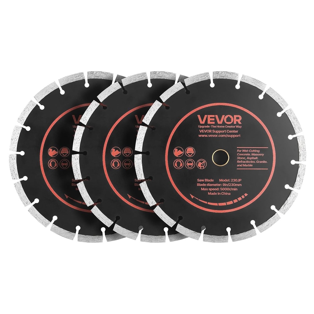 image:imageVEVOR Diamond Blades 63 inch 5Pack Wall Chaser Saw Blade Cutting Blade 087 in Arbor HighHardness Diamond Segments 65Mn Steel Core Dry Wet Cutting Clean Edges for Concrete Brick Stone Cement9 inch