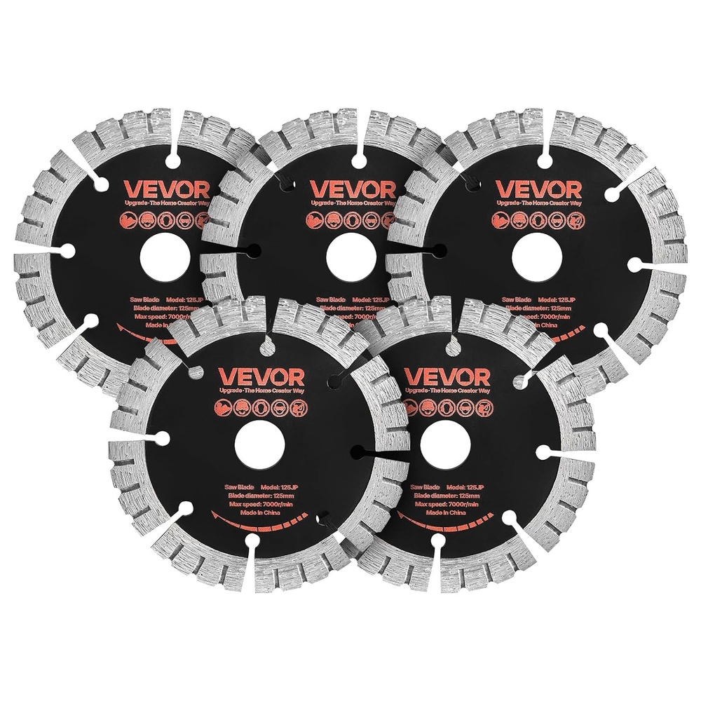 image:imageVEVOR Diamond Blades 63 inch 5Pack Wall Chaser Saw Blade Cutting Blade 087 in Arbor HighHardness Diamond Segments 65Mn Steel Core Dry Wet Cutting Clean Edges for Concrete Brick Stone Cement5in
