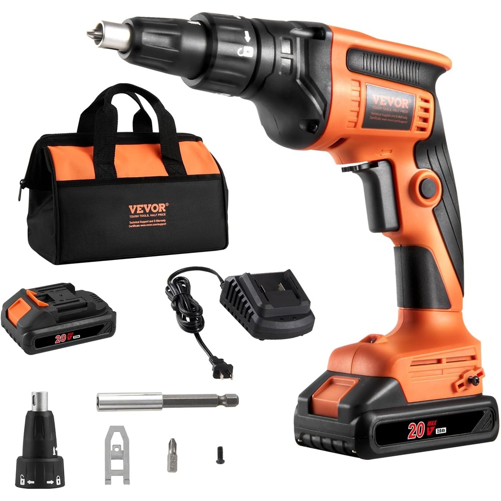 image:imageVEVOR Drywall Screw Gun 20V Max Drywall Screwgun 4200RPM Brushless Cordless Drywall Gun Kit with 2 Battery Packs Charger Belt Clip and Tool Bag Builtin LED Light Forward and Reverse AdjustableSingle