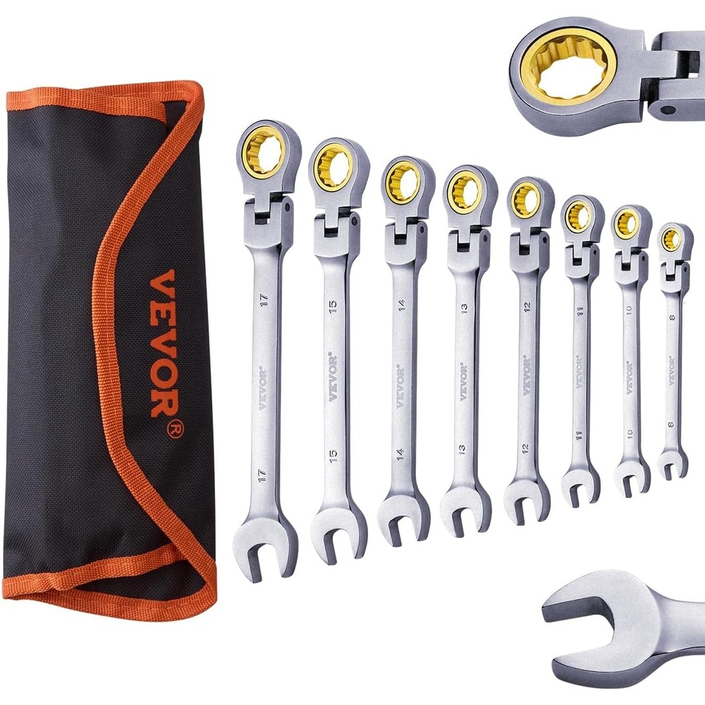 image:imageVEVOR FlexHead Ratcheting Wrench Set Nickel Plating 8piece Flexible Ratcheting Combination Wrench Set with Rollup Pouch CRV 72 Teeth Metric 817mmFlexhead