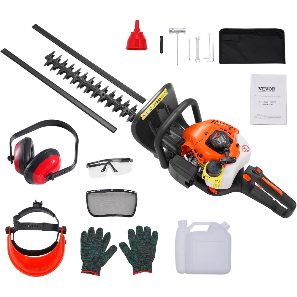 image:imageVEVOR Gas Hedge Trimmer 2 Cycle 232Inch 26cc Dual Sided Blade Handheld Lightweight EPA CE EMC Certified Ideal for Trimming Shrubs and Bushes Includes Blade Cover Gloves and Ear Protectors26 cc