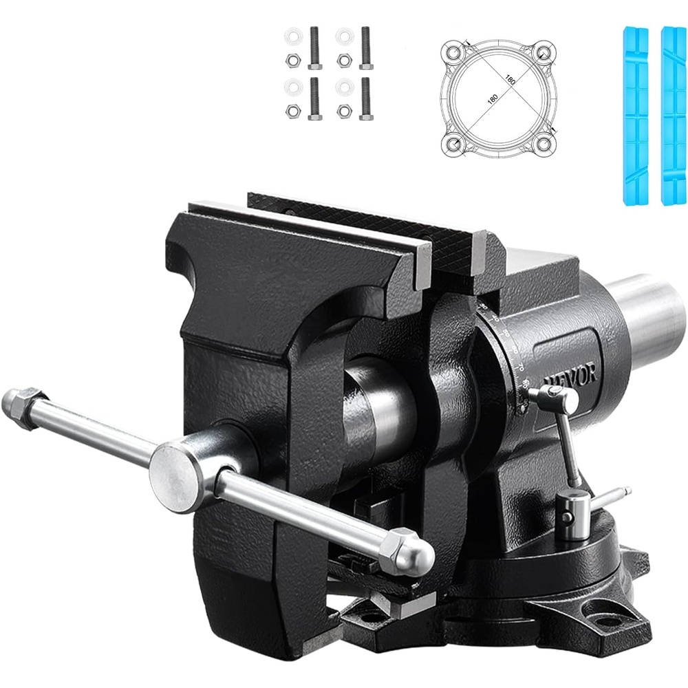 image:imageVEVOR Heavy Duty Bench Vise 55 Jaw Width Double Swivel Rotating MultiPurpose Bench Vise with 360 Locking Swivel Base and Head 276 Throat Depth 5 Max Jaw Opening for Drilling Pipe Cutting55inch