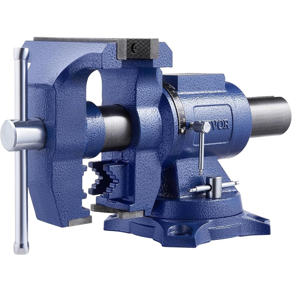 image:imageVEVOR Heavy Duty Bench Vise 55 Jaw Width Double Swivel Rotating MultiPurpose Bench Vise with 360 Locking Swivel Base and Head 276 Throat Depth 5 Max Jaw Opening for Drilling Pipe Cutting65 inch