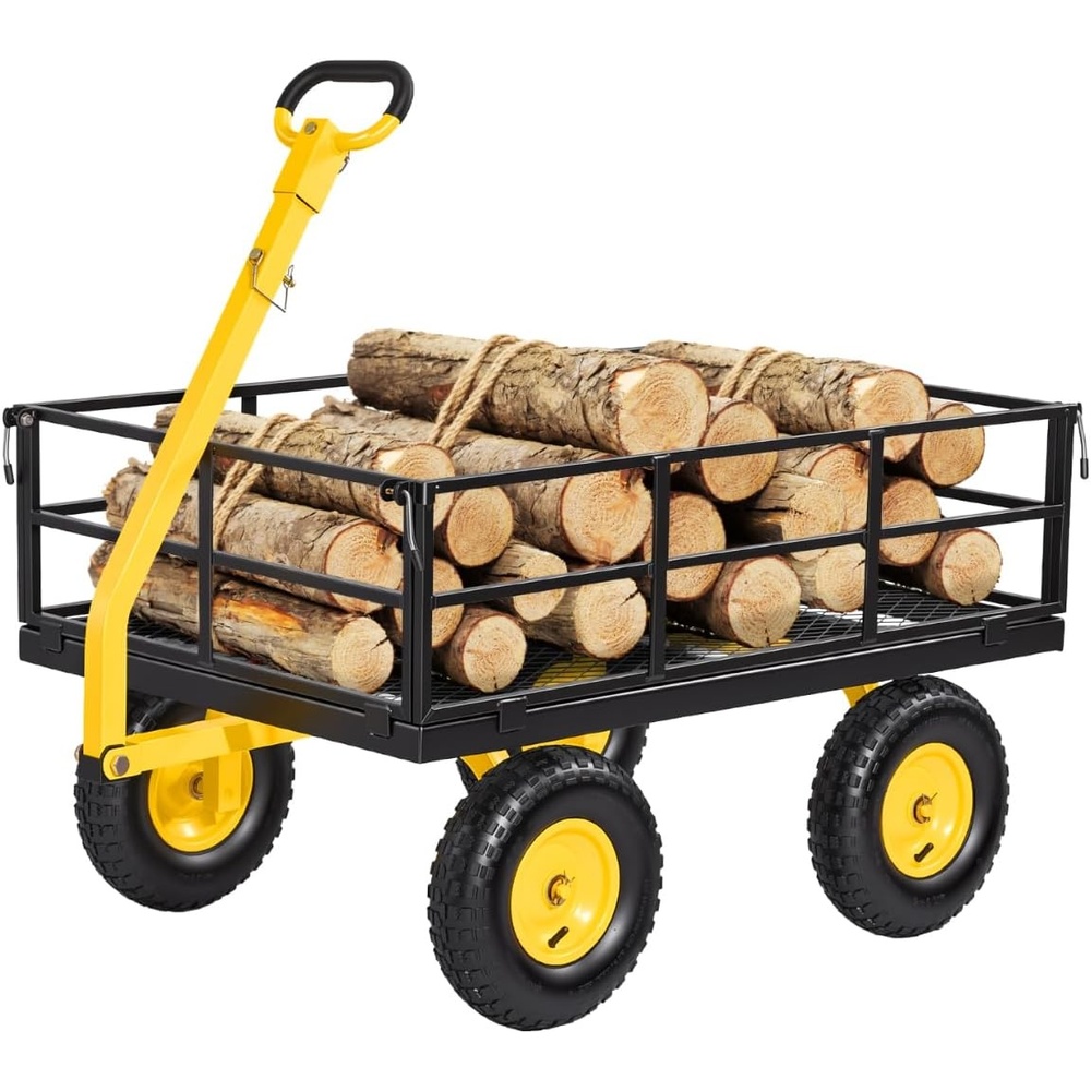 image:imageVEVOR Heavy Duty Steel Garden Cart 900 lbs Garden Wagon Cart on Wheels  Outdoor Metal Yard Utility Wagon with 10 Tires Mesh Detachable Sides Convert to Flatbed and 180 Rotating HandleYellow  Black