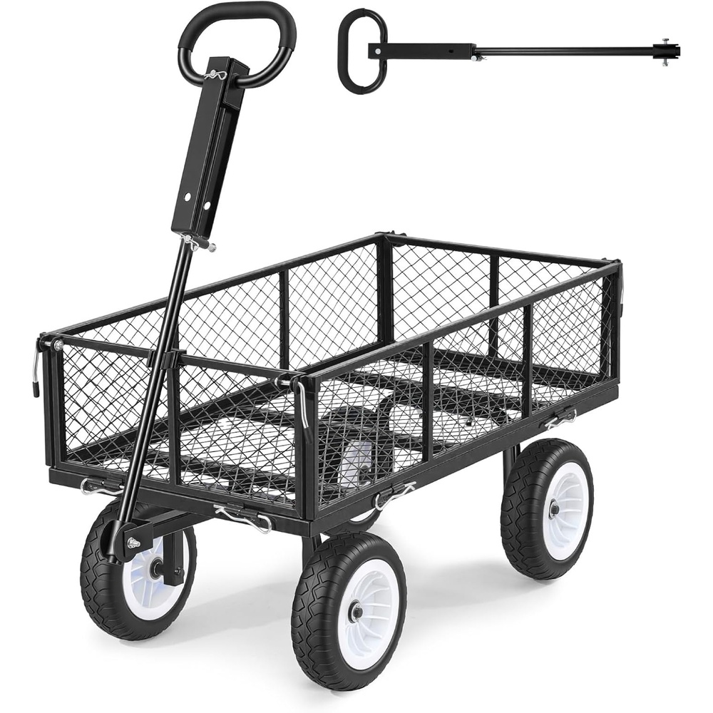 image:imageVEVOR Heavy Duty Steel Garden Cart 900 lbs Garden Wagon Cart on Wheels  Outdoor Metal Yard Utility Wagon with 10 Tires Mesh Detachable Sides Convert to Flatbed and 180 Rotating HandleBlack