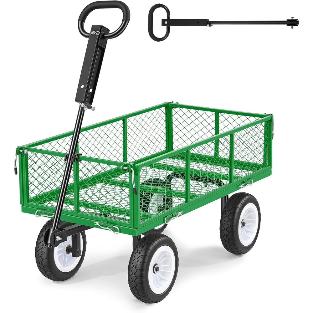 image:imageVEVOR Heavy Duty Steel Garden Cart 900 lbs Garden Wagon Cart on Wheels  Outdoor Metal Yard Utility Wagon with 10 Tires Mesh Detachable Sides Convert to Flatbed and 180 Rotating HandleGreen