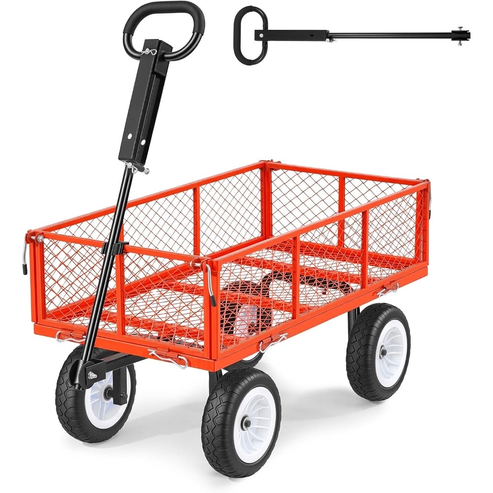 image:imageVEVOR Heavy Duty Steel Garden Cart 900 lbs Garden Wagon Cart on Wheels  Outdoor Metal Yard Utility Wagon with 10 Tires Mesh Detachable Sides Convert to Flatbed and 180 Rotating HandleRed
