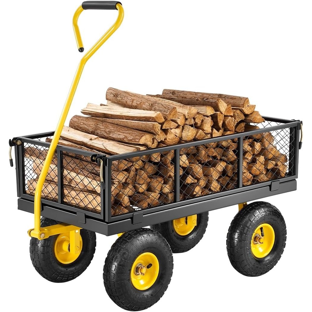 image:imageVEVOR Heavy Duty Steel Garden Cart 900 lbs Garden Wagon Cart on Wheels  Outdoor Metal Yard Utility Wagon with 10 Tires Mesh Detachable Sides Convert to Flatbed and 180 Rotating HandleBlackyellow