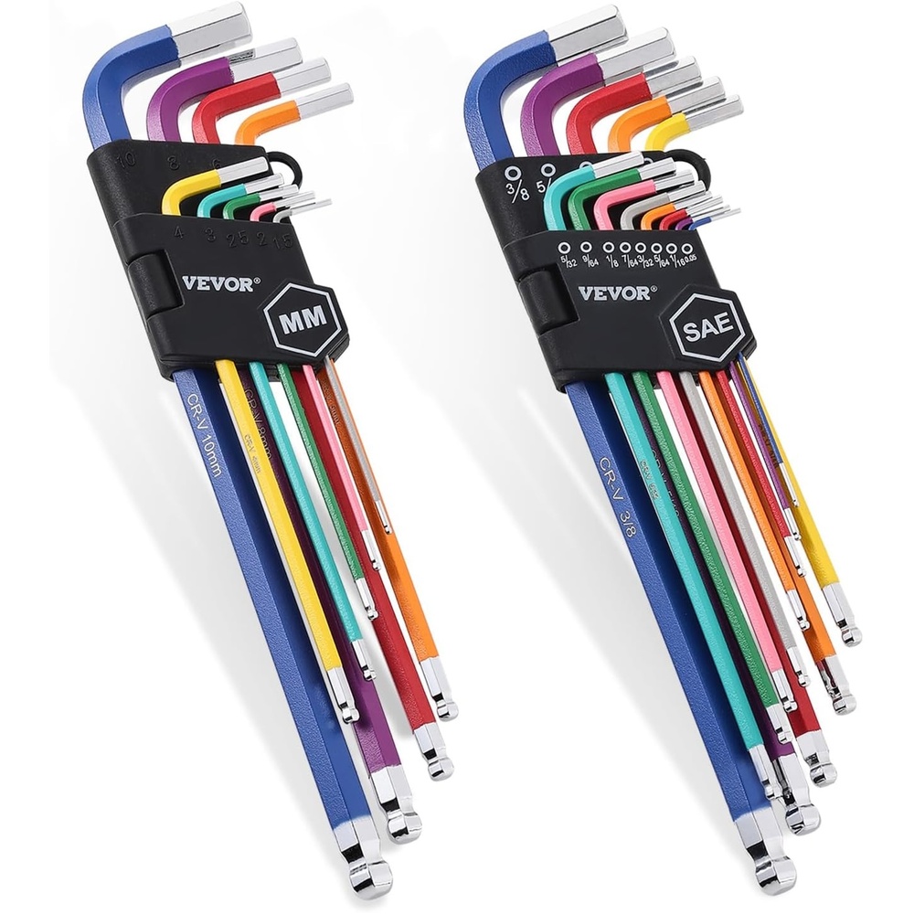 image:imageVEVOR Hex Key Allen Wrench Set 22 pcs SAE 005038 in and Metric 1510 mm Color Coding Allen Wrenches Sets with Ball End Long Arm LShaped Hex Key for Bicycle Household Automobile Repair