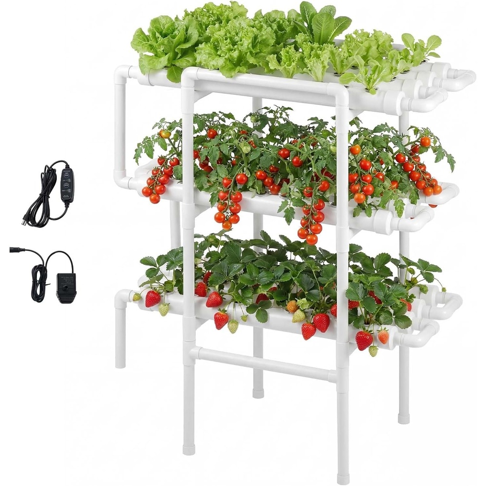 image:imageVEVOR Hydroponics Growing System Kit 3Tier 108 Sites UPVC Pipe Hydroponic Grow Kit with Timed Irrigation Thickened Hydroponic Pipes Indoor Home Garden Vegetable Planting Grow Kits for Fruit HerbWhite  Standard Version