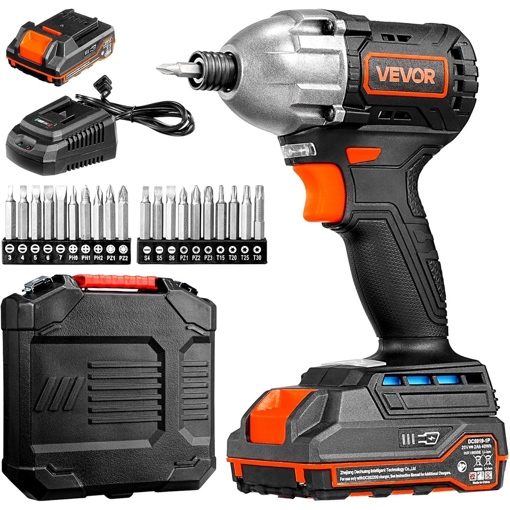 image:imageVEVOR Impact Driver 14 Inch 3000 RPM Max Speed 12 V Brushless Motor Electric Cordless Impact Driver Kit with Battery and Charger 20 Bits LED Work Light for Furniture Electrical Home Repairs250Nm 3600BPM
