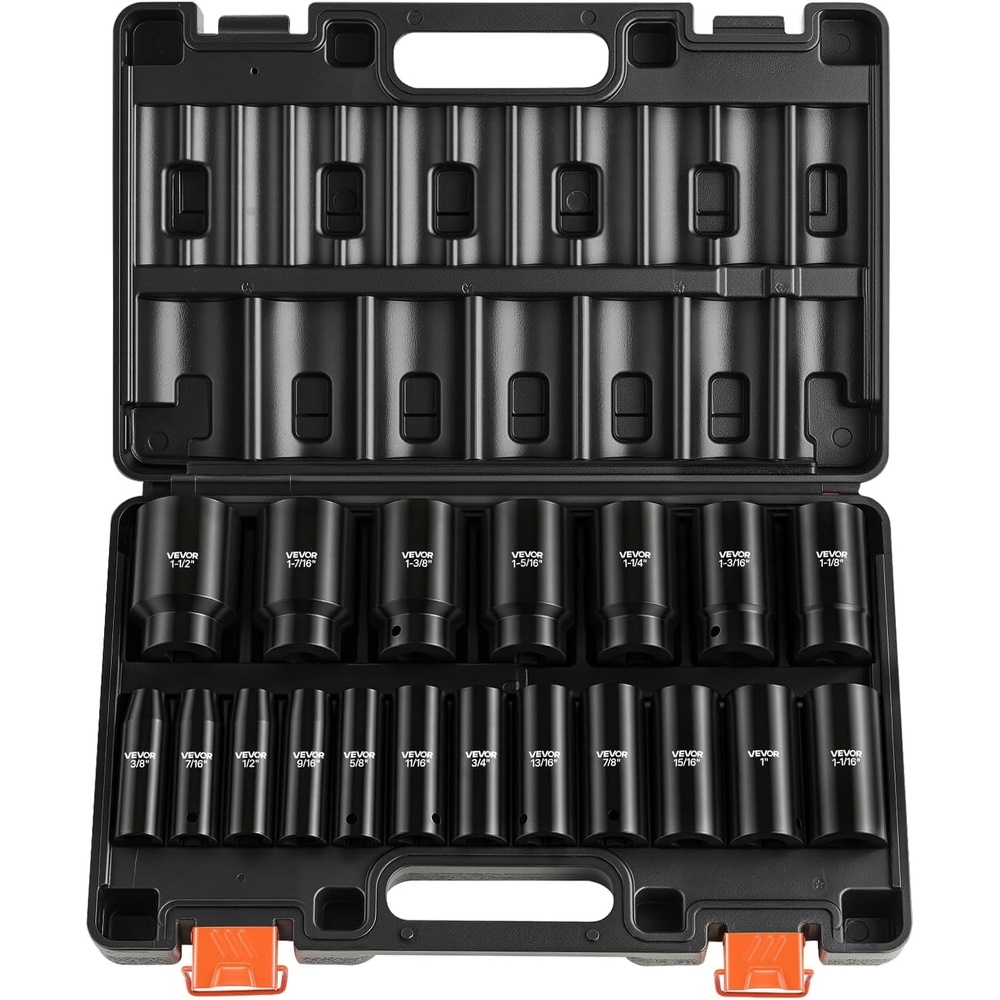 image:imageVEVOR Impact Socket Set 12 19 Piece Impact Sockets Deep Socket 6Point Sockets 12 Drive Set 38 to 112 CrV Rugged Construction Easy to Identify with a Sturdy Storage Case for Vehicles