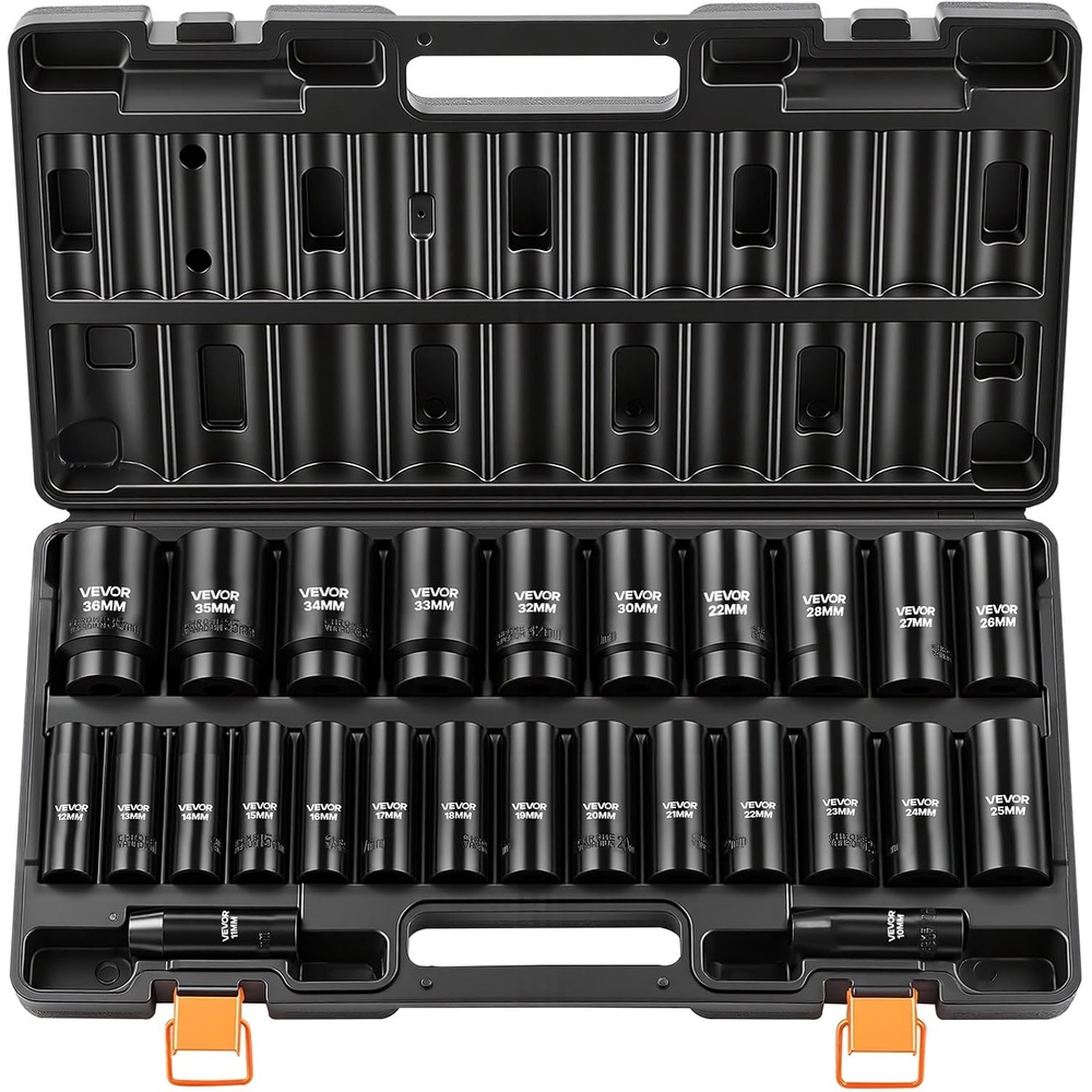 image:imageVEVOR Impact Socket Set 12 Drive 26Piece Impact Sockets 6Point Sockets Metric 1030 mm 3236 mm Easy to Identify with a Sturdy Storage Case CrV Alloy Steel Structure for Vehicles Repair