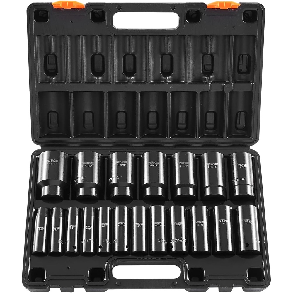 image:imageVEVOR Impact Socket Set 130 Piece 38 amp 12 SAE amp Metric Drive Socket Set 6 Point CrMo Alloy Steel for Auto Repair EasytoRead Size Markings Includes Storage Case12 19PCS