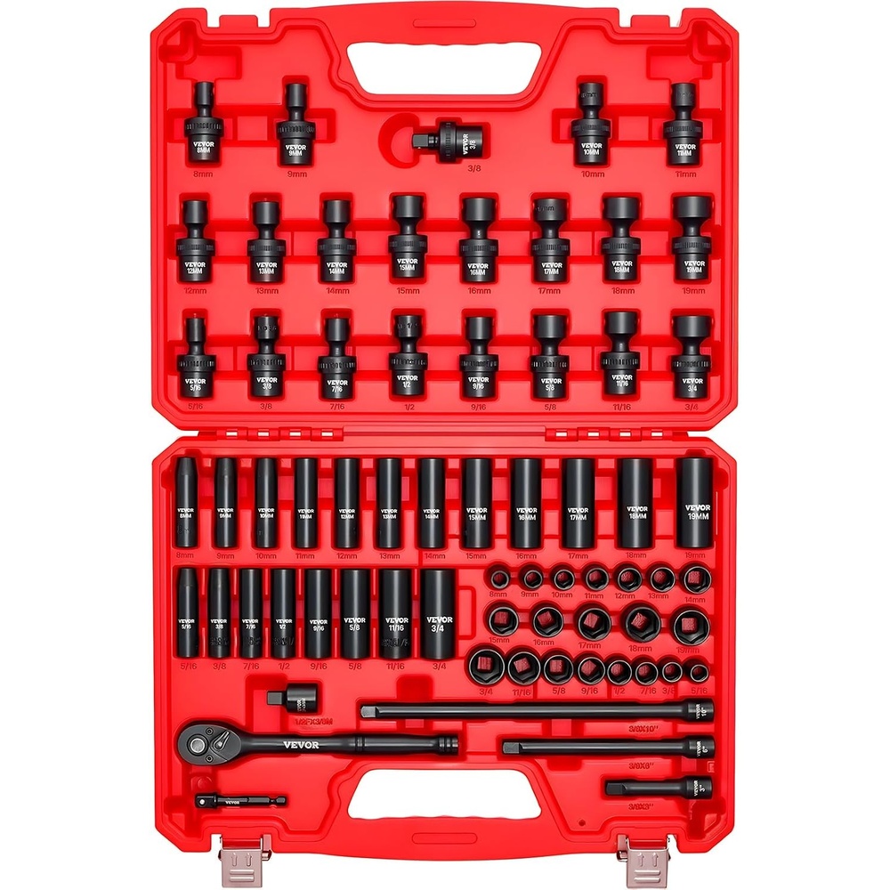 image:imageVEVOR Impact Socket Set 130 Piece 38 amp 12 SAE amp Metric Drive Socket Set 6 Point CrMo Alloy Steel for Auto Repair EasytoRead Size Markings Includes Storage Case38 67 PCS Swivel CRMO