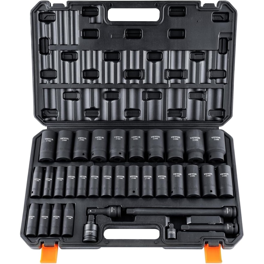 image:imageVEVOR Impact Socket Set 130 Piece 38 amp 12 SAE amp Metric Drive Socket Set 6 Point CrMo Alloy Steel for Auto Repair EasytoRead Size Markings Includes Storage Case12 34PCS CRMO