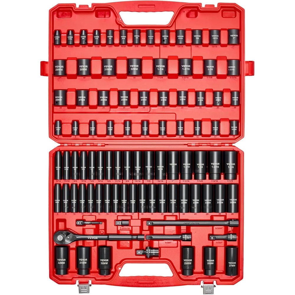 image:imageVEVOR Impact Socket Set 130 Piece 38 amp 12 SAE amp Metric Drive Socket Set 6 Point CrMo Alloy Steel for Auto Repair EasytoRead Size Markings Includes Storage Case12 91 PCS