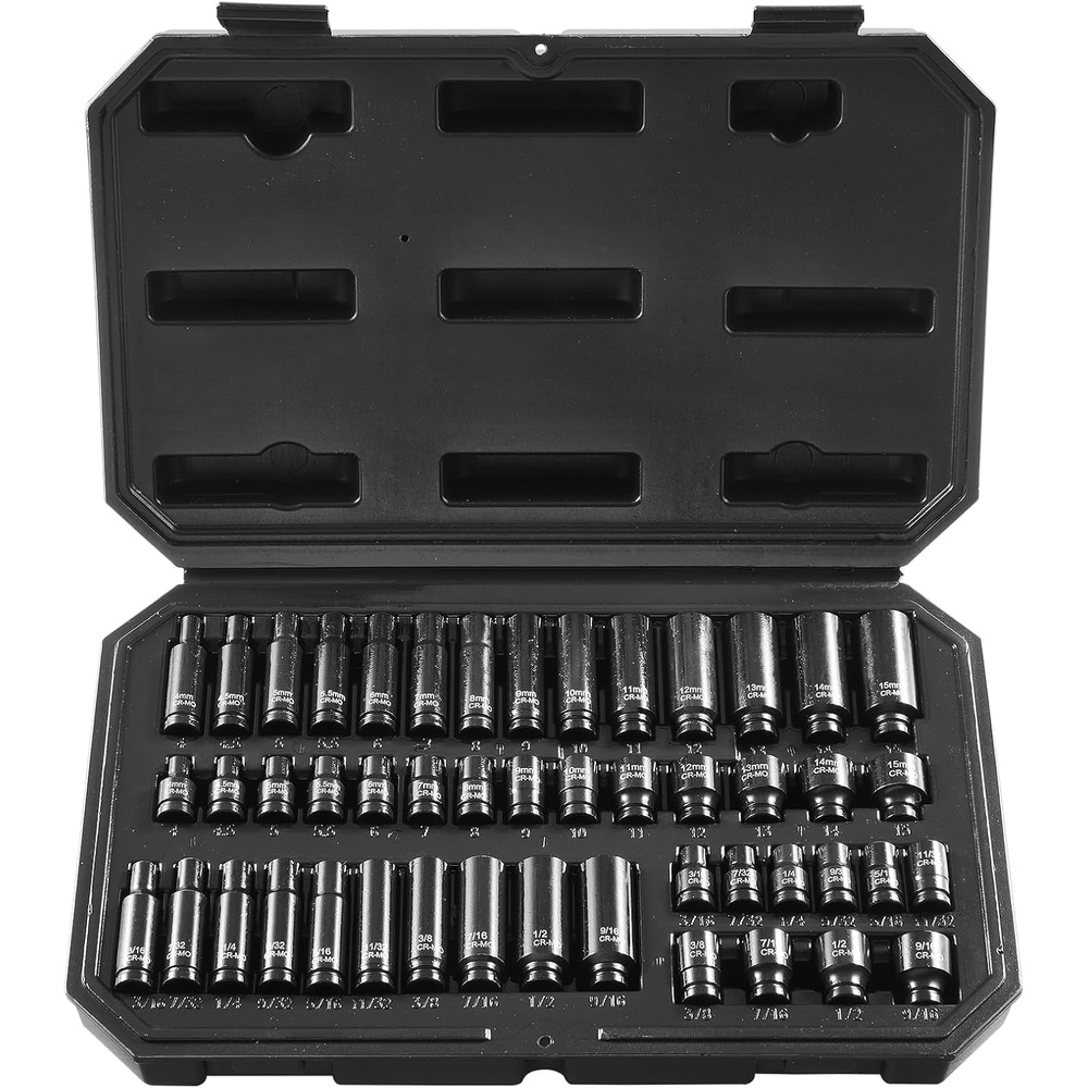 image:imageVEVOR Impact Socket Set 130 Piece 38 amp 12 SAE amp Metric Drive Socket Set 6 Point CrMo Alloy Steel for Auto Repair EasytoRead Size Markings Includes Storage Case14 48PCS CRMO