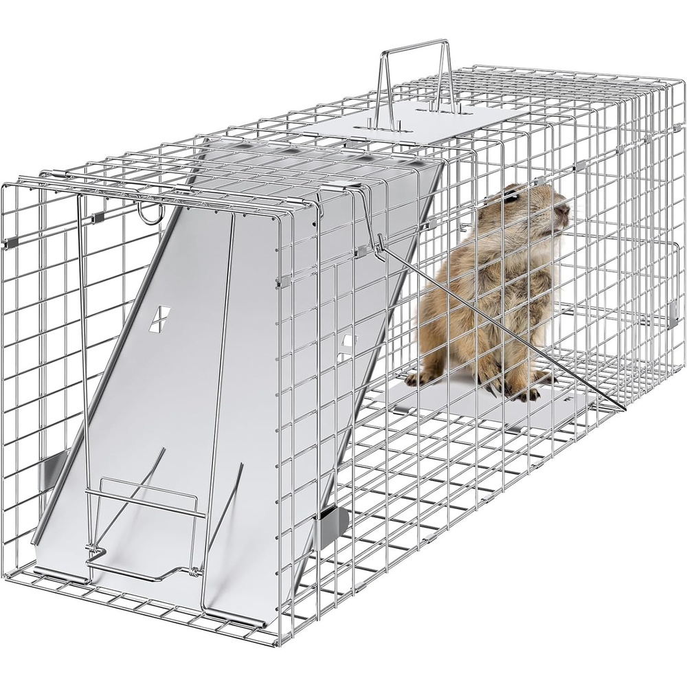 image:imageVEVOR Live Animal Cage Trap 31 x 10 x 12 Humane Cat Trap Galvanized Iron Folding Animal Trap with Handle for Rabbits Stray Cats Squirrels Raccoons Groundhogs and Opossums