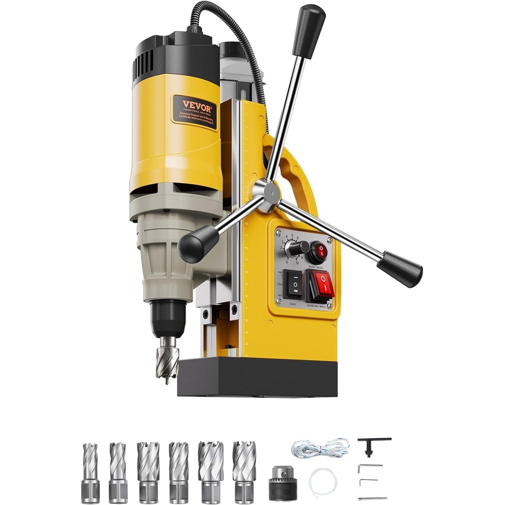 image:imageVEVOR Magnetic Drill 1100W 157 Boring Diameter 2697lbf12000N Portable Electric Mag Drill Press with 7 Bits 580 RPM Max Speed Drilling Machine for any Surface and Home ImprovementW 2 6pcs Yellow