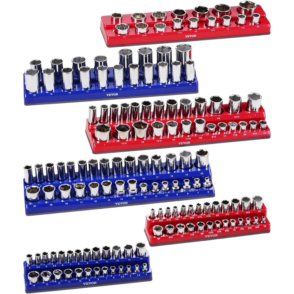 image:imageVEVOR Magnetic Socket Organizer Set 8PCS Socket Holder 14 38 amp 12 Metric SAE Socket Trays with Clear Labels Hold up to 199PCS Standard amp Deep Sockets Blaue amp Red Sockets Not IncludedBlue Red