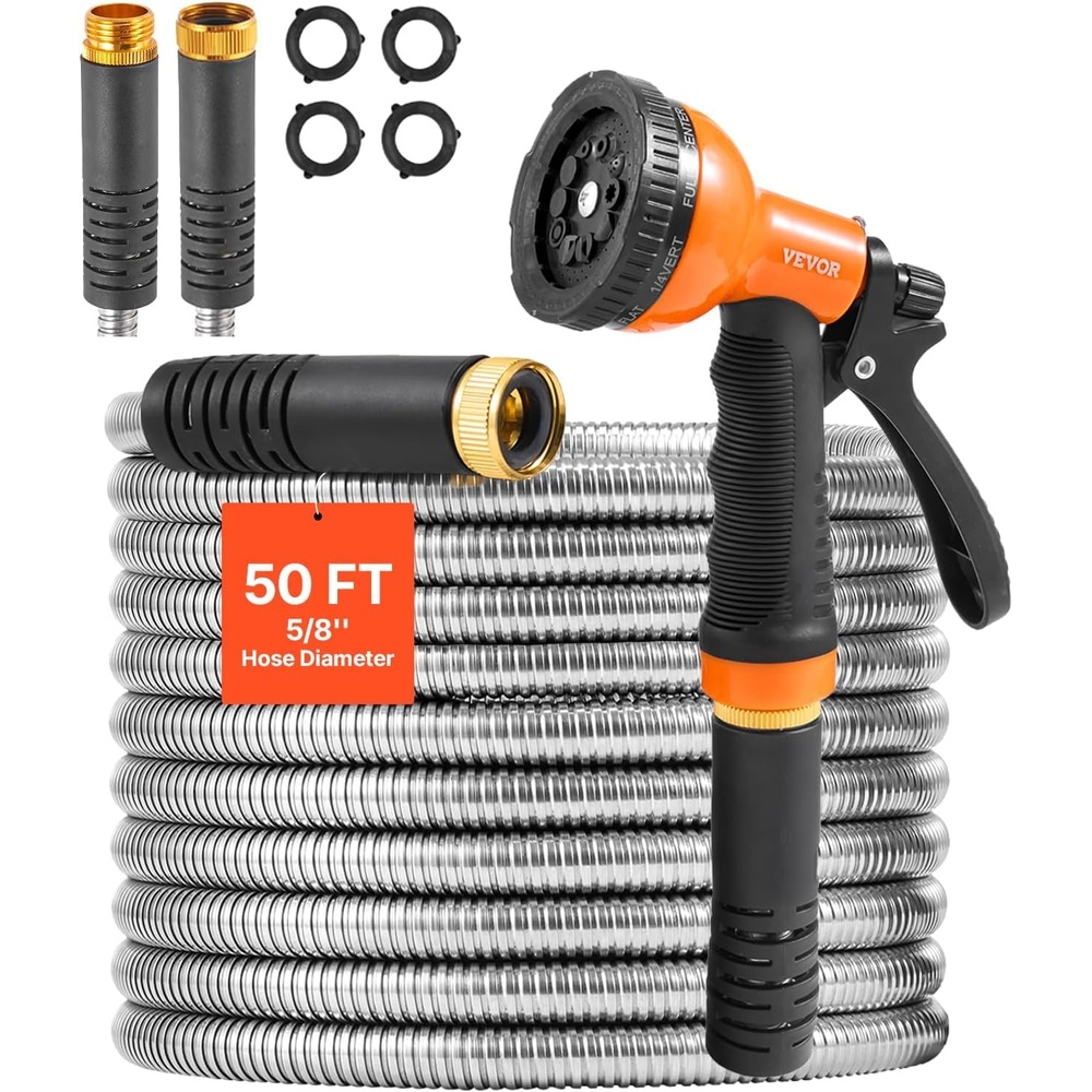 image:imageVEVOR Metal Garden Hose 200 ft Heavy Duty Stainless Steel Water Hose with 10Function Nozzle NoKink amp Flexible Outdoor Garden Hose RustProof Lightweight Hose for Yard RV Car Wash50 ft with 10 Function Spray Nozzle