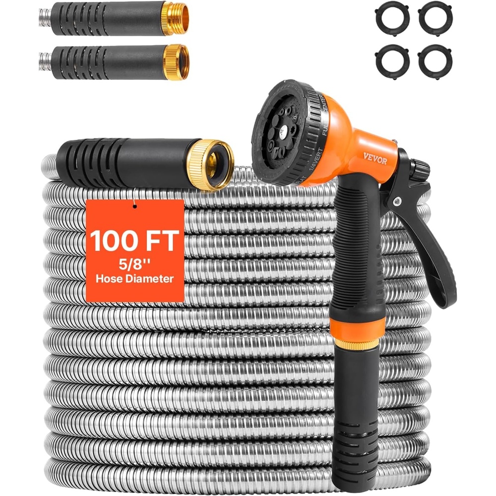 image:imageVEVOR Metal Garden Hose 200 ft Heavy Duty Stainless Steel Water Hose with 10Function Nozzle NoKink amp Flexible Outdoor Garden Hose RustProof Lightweight Hose for Yard RV Car Wash100 ft with 10 Function Spray Nozzle