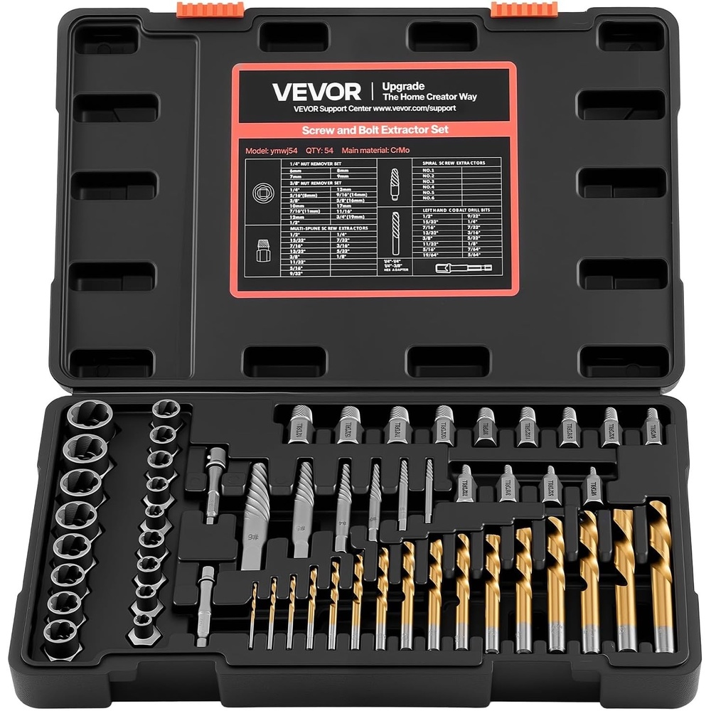 image:imageVEVOR Pipe Extractor Set 9 Pieces Heavy Duty Steel Broken Pipe Extractors with Solid Storage Case CrMo Steel for Removing 18 to 1 Damaged Threaded Pipes and Fittings for Plumbers Mechanics DIY54 PCS