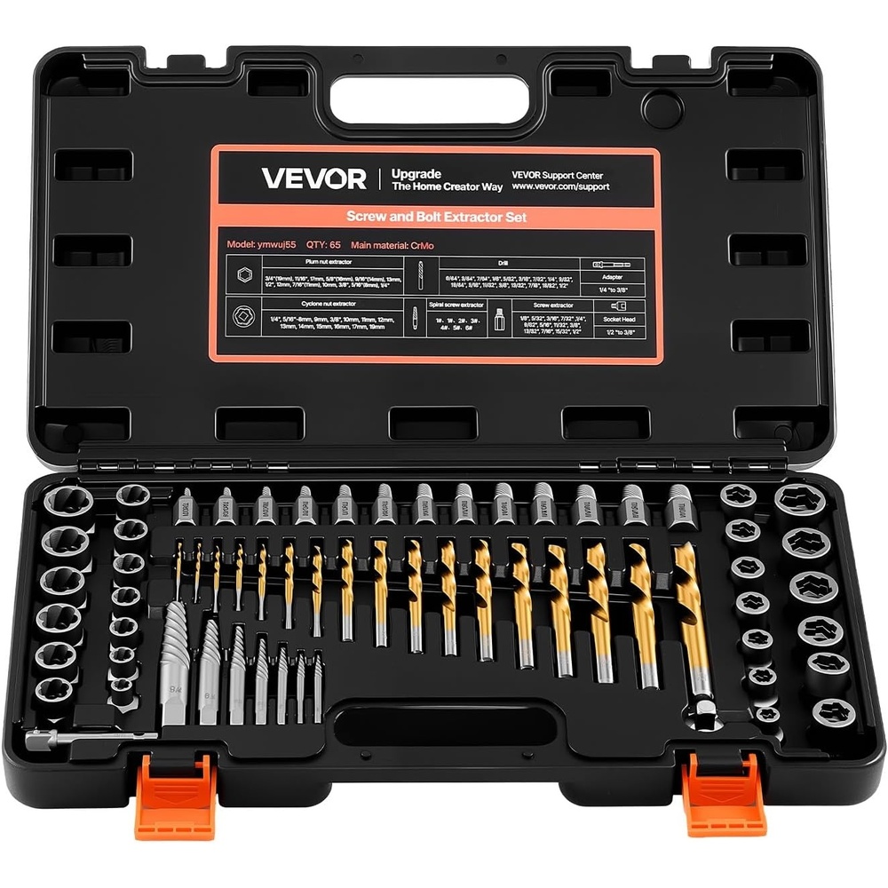 image:imageVEVOR Pipe Extractor Set 9 Pieces Heavy Duty Steel Broken Pipe Extractors with Solid Storage Case CrMo Steel for Removing 18 to 1 Damaged Threaded Pipes and Fittings for Plumbers Mechanics DIY65 PCS