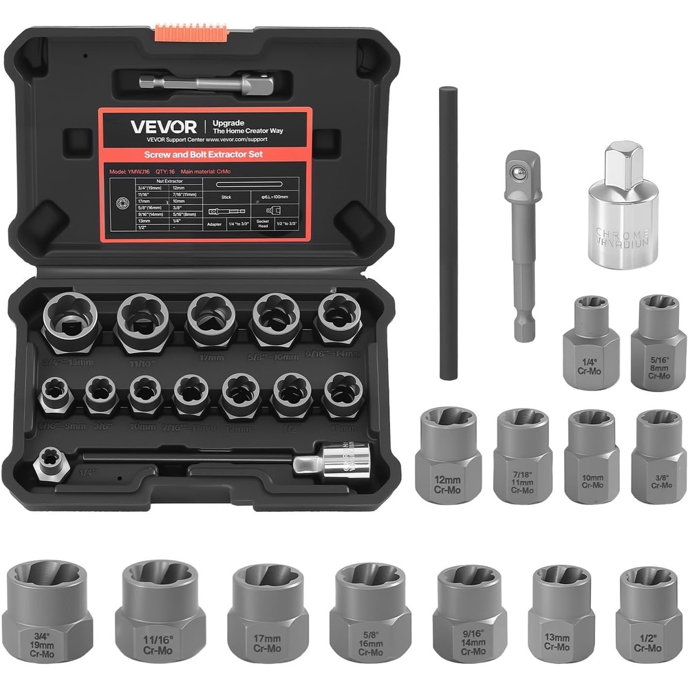 image:imageVEVOR Pipe Extractor Set 9 Pieces Heavy Duty Steel Broken Pipe Extractors with Solid Storage Case CrMo Steel for Removing 18 to 1 Damaged Threaded Pipes and Fittings for Plumbers Mechanics DIY16 PCS