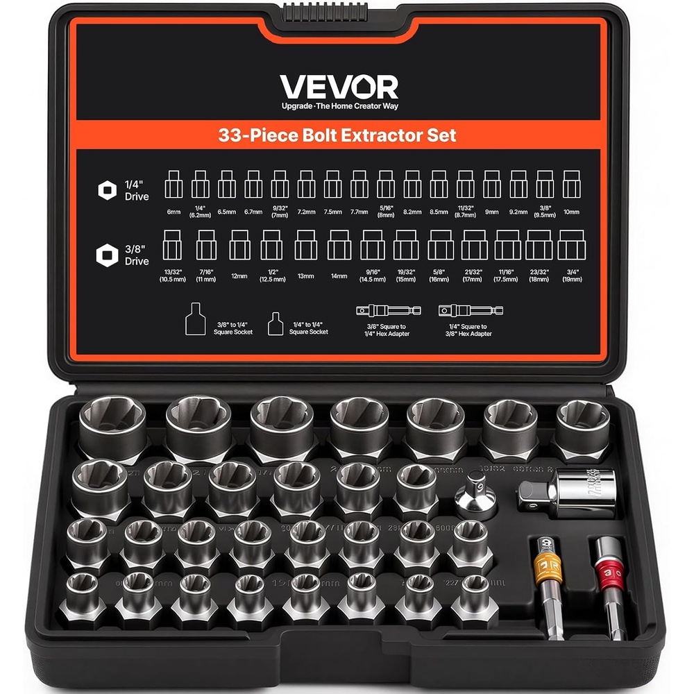 image:imageVEVOR Pipe Extractor Set 9 Pieces Heavy Duty Steel Broken Pipe Extractors with Solid Storage Case CrMo Steel for Removing 18 to 1 Damaged Threaded Pipes and Fittings for Plumbers Mechanics DIY33 PCS