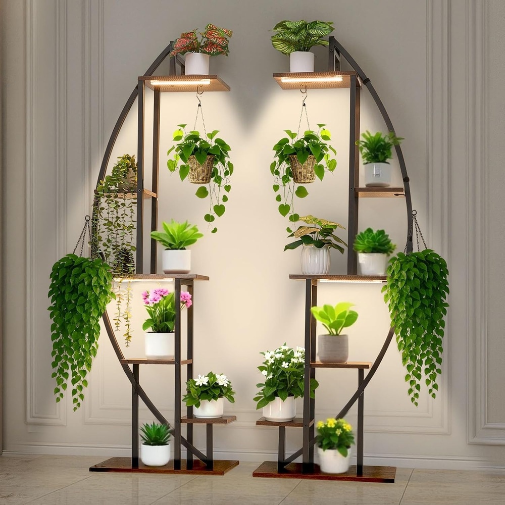 image:imageVEVOR Plant Stand Indoor with Grow Lights 63 in Tall 9Tier Lighted Plant Shelf Metal Corner Plants Holder 3 Timer amp 10 Brightness CurveShaped Flower Display Rack for Living Room Balcony DecorBlack  2 Pack Half Moon