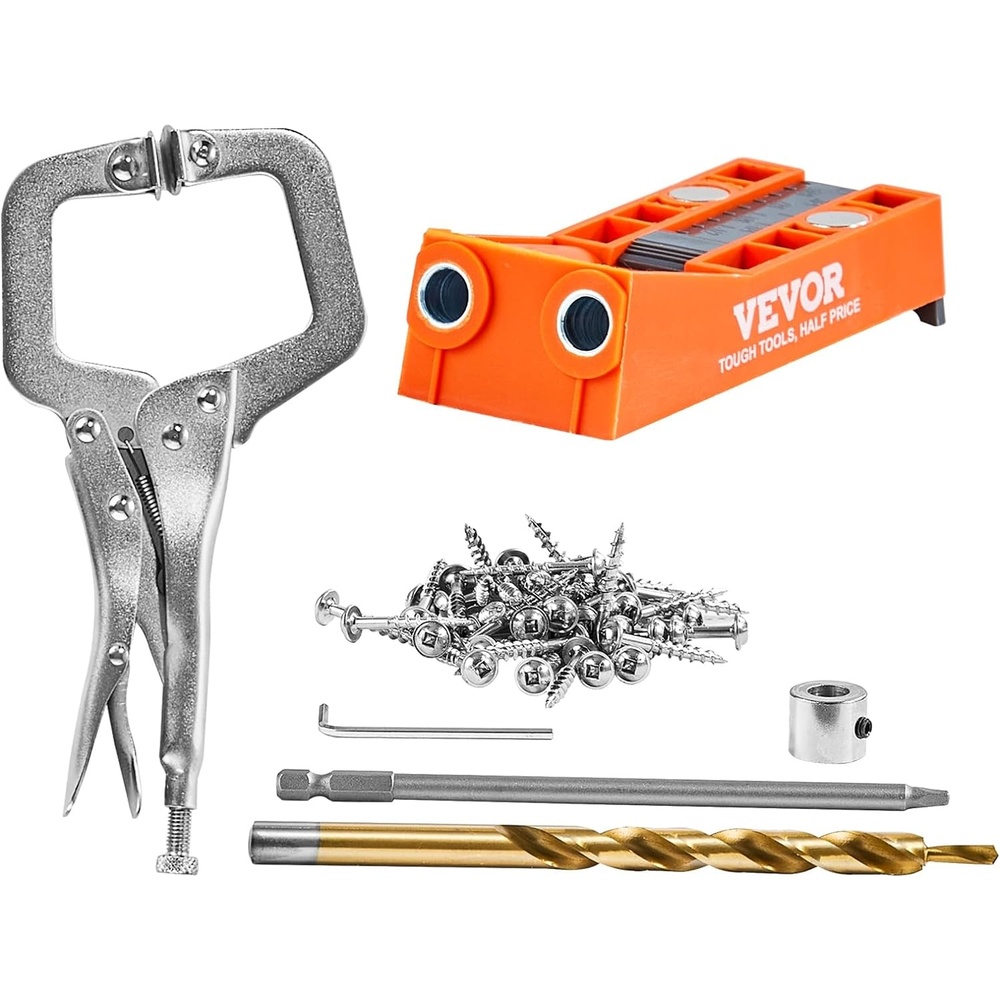 image:imageVEVOR Pocket Hole Jig 56 Pcs Mini Jig Pocket Hole System with 9 Cclamp Step Drill Wrench Drill Stop Ring Square Drive Bit and Screws for DIY Carpentry ProjectsMini