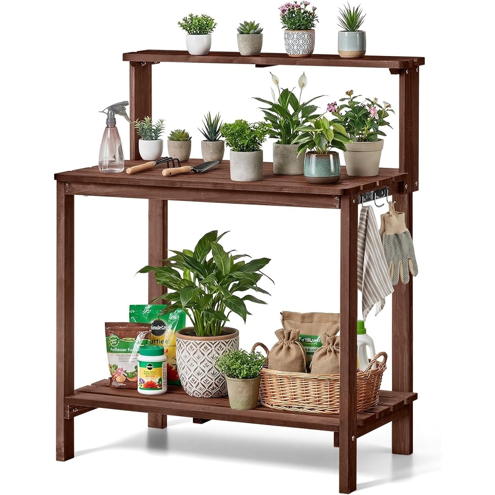 image:imageVEVOR Potting Bench Table Outdoor Gardening Wooden Workstation with Storage Cabinet Storage Shelves 43 x 18 in Wood Tabletop Garden Planting Work Station for Patio Backyard Balcony GrayDark Brown 3layer